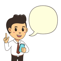 Vector cartoon businessman holding smartphone with white speech bubble for design.