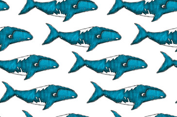 Fototapeta premium Seamless texture with beautiful hand drawn whale. Repeating pattern. Can be used as wallpaper, desktop, wrapping, fabric or background for your blog, covers, cards.