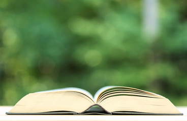 A big book on a shiny green forest background