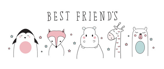 penguin, fox, giraffe, bear, hippopotamus doodle best friends vector illustration