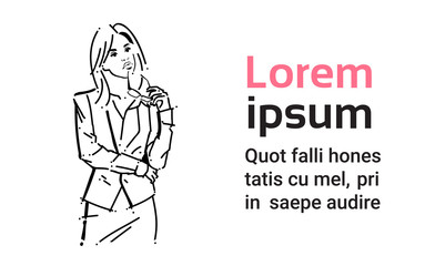 business woman hold glasses think looking up empty copy space concept businesswoman portrait on white background hand draw silhouette sketch vector illustration