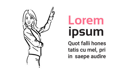 business woman point finger copy space concept businesswoman portrait on white background hand draw silhouette sketch vector illustration