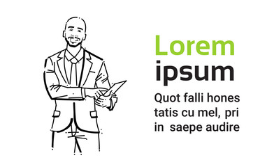 business man point finger at paper concept businessman portrait on white background hand draw silhouette sketch vector illustration