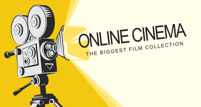 Vector online cinema poster with old fashioned movie projector. Vintage retro movie camera with light and video tape. Online cinema concept. Can be used for flyer, banner, poster, web page, background