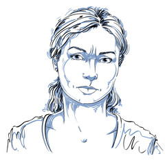 Graphic vector hand-drawn illustration of white skin angry lady with stylish haircut. People negative face expressions. Misunderstood theme.