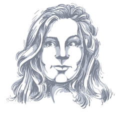 Vector drawing of pensive woman thinking about something. Black and white portrait of attractive still lady.