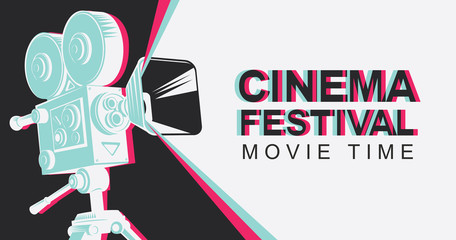 Cinema festival poster with old fashioned movie projector. Vintage movie camera with light. Vector background with words Movie time. Can be used for flyer, banner, poster, web page, background