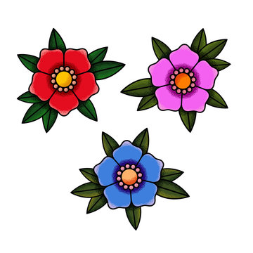 Flowers old school tattoo. Set of colors red, pink, blue. The texture of the noise. Isolated on white background. Vector illustration.