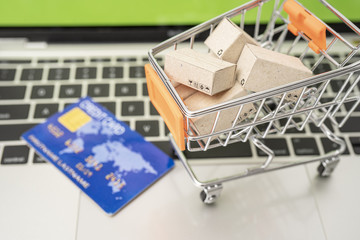 Selling or buying online,shopping online or e-commerce with paper box ,paper bag and credit card in shopping cart or trolley.