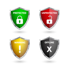 Steel shield icon protected unprotected offline warning on white background