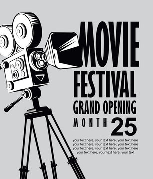 Vector movie festival poster with retro movie camera. Cinema banner with words Grand opening and place for text on grey background. Can be used for poster, flyer, billboard, web page, background