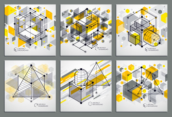 Abstract vector geometric 3D elements in futuristic style yellow template compositions set. Technical plan can be used in web design and as wallpaper or background.