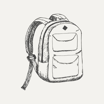 Vektorová grafika „School backpack sketch isolated on white background.  Hand drawn sketch in vintage engraving style. School supplies. Vector  illustration for back to school.“ ze služby Stock | Adobe Stock
