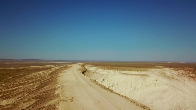 On the Ustyurt Plateau. Desert and plateau Ustyurt or Ustyurt plateau is located in the west of Central Asia, Karakalpakstan particulor in Kazakhstan, Turkmenistan and Uzbekistan. Arial dron shoot. 