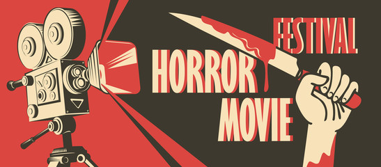 Naklejka premium Vector banner for festival horror movie. Illustration with old film projector and a hand holding a bloody knife. Scary movie. Can be used for advertising, banner, flyer, web design