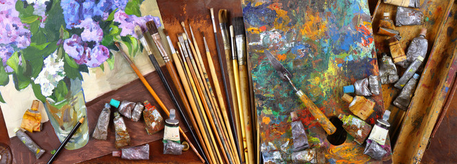 Panorama with lilac sketch and artist's accessories