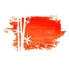 White silhouette of bamboo plants on big red sun stain