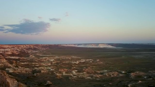 On the Ustyurt Plateau. Desert and plateau Ustyurt or Ustyurt plateau is located in the west of Central Asia, Karakalpakstan particulor in Kazakhstan, Turkmenistan and Uzbekistan. Arial dron shoot. 