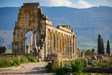 Fototapeta na wymiar View at ruins of an ancient roman city in Volubilis, Morocco.