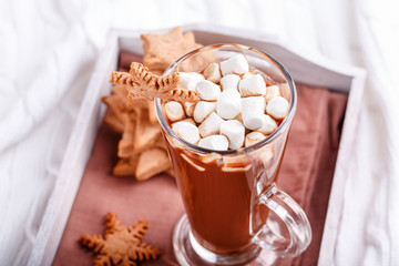 Cup of hot chocolate with marshmallow and gingerbread cookies on tray