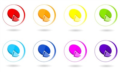 Set of circle icons with 3D pie chart in rainbow colors. Vector graphic illustration.