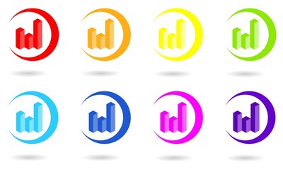 Set of circle icons with 3D diagram or chart in rainbow colors. Vector graphic illustration.