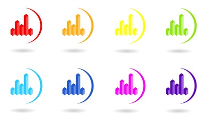 Set of circle icons with 3D diagram or chart in rainbow colors. Vector graphic illustration.