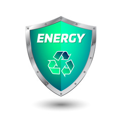 Steel shield icon blue recycle energy on white background