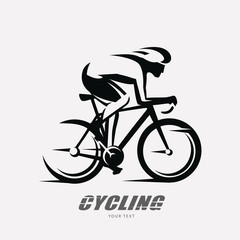 cycling race stylized symbol, outlined cyclist vector silhouette - 228148646