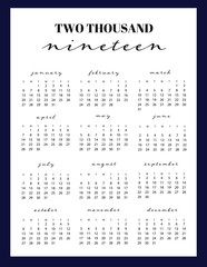 2019 calendar for web design or prints. Vector easy editable template. With weeks starting from Sunday and creative lettering