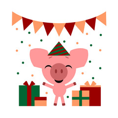 Happy birthday. Funny little pig cartoon emoji characte. Vector illustration.