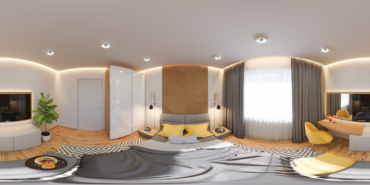 3d illustration of a seamless 360 panorama. Bedroom interior design concept in scandinavian style. Render is made in bright colors. high resolution image for virtual reality
