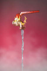 Faucet from which flows a very hot water flow / Faucet from which water flows so hot it generates a flame
