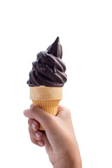 Girl hand holding ice cream cone on white background.