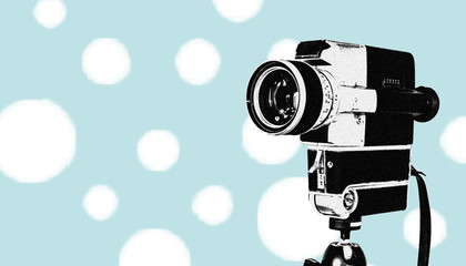Vintage Kamera auf Stativ, Hintergrund mit weißen Punkten und retro Pastellfarben, blau