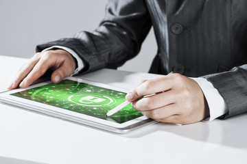 Internet security concept with woman working on media screen wit