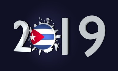 Circle with tropical recreation silhouettes. Objects located around the circle. Human posing with surfboard, ship, palm and lifeguard tower. Flag of the Cuba. 3D rendering. 2019 year number