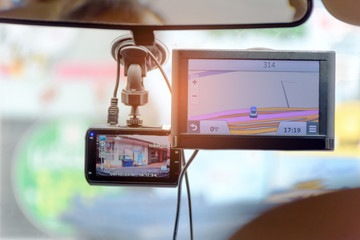 CCTV car camera with Navigator Map.Dashboard camera for accident recording, screen with street...