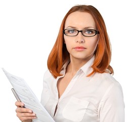 Businesswoman With Glasses Holding Financial Reports And Pen