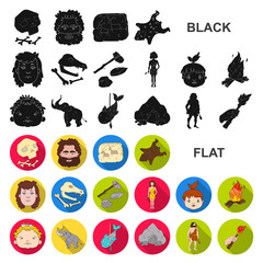 Life in the Stone Age flat icons in set collection for design. Ancient people vector symbol stock web illustration.