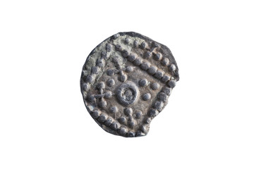 Anglo Saxon silver Sceat coin reverse side of the early 8th century cut out and isolated on a white background