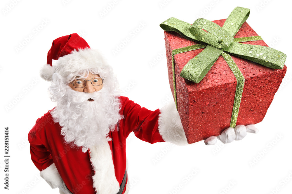 Sticker Santa Claus holding a gliterry present box