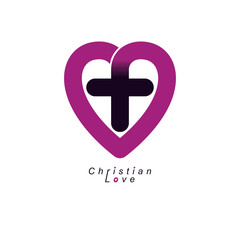 Obraz premium Love of God conceptual symbol combined with Christian Cross and heart, vector creative logo.