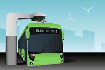 Green electric bus at a stop is charged by pantograph. Vector illustration EPS 10