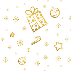Christmas gold seamless pattern with gift, stars and candy Hand drawn vector.