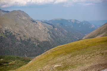 Sweeping views of Rocky Mountain park under cloudy skies as seen from the southern section of the park