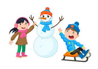 Children in winter. Girl makes a snowman and a boy on a sled on white.
