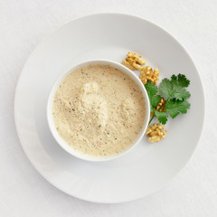 satsivi decorated with cilantro and walnuts
