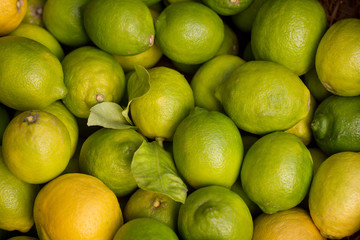 Pile of fresh green yellow limes at market for sale - top view