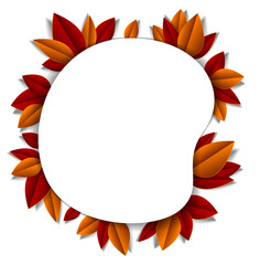 Background with autumn leaves paper cut style, copy space for text, vector floral illustration. Fall season anniversary event or greeting card.